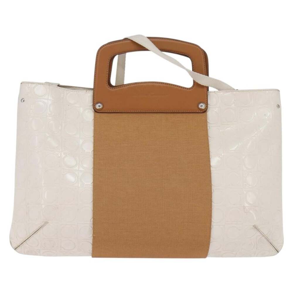 Salvatore Ferragamo Patent Leather Gancini Handbag White Gold